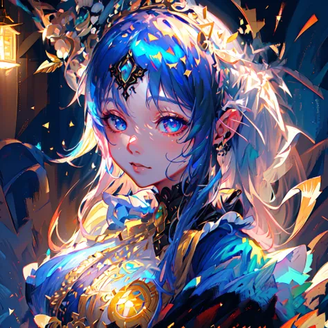 Ultra-detailed anime-style illustration of a beautiful vampire woman with iridescent eyes, Pale skin, Acuarela cabello azul profundo oscuro, tocado, Victorian gothic dress, destello de lente, profundidad de campo, Efecto Bokeh, retroiluminado, elegantee, e...