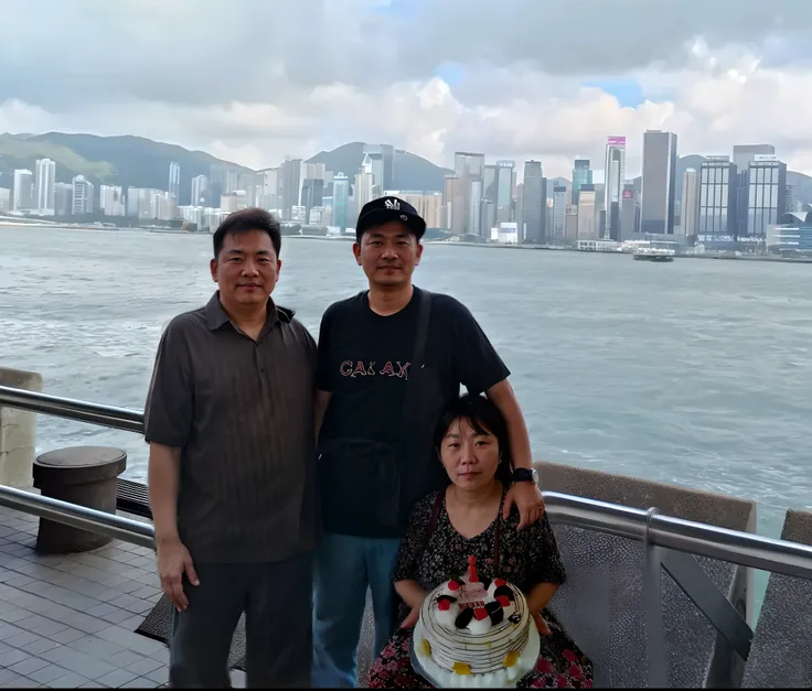 there are two people a man standing next to a woman holding a cake, in hong kong, happy birthday, happy family, post processed d...