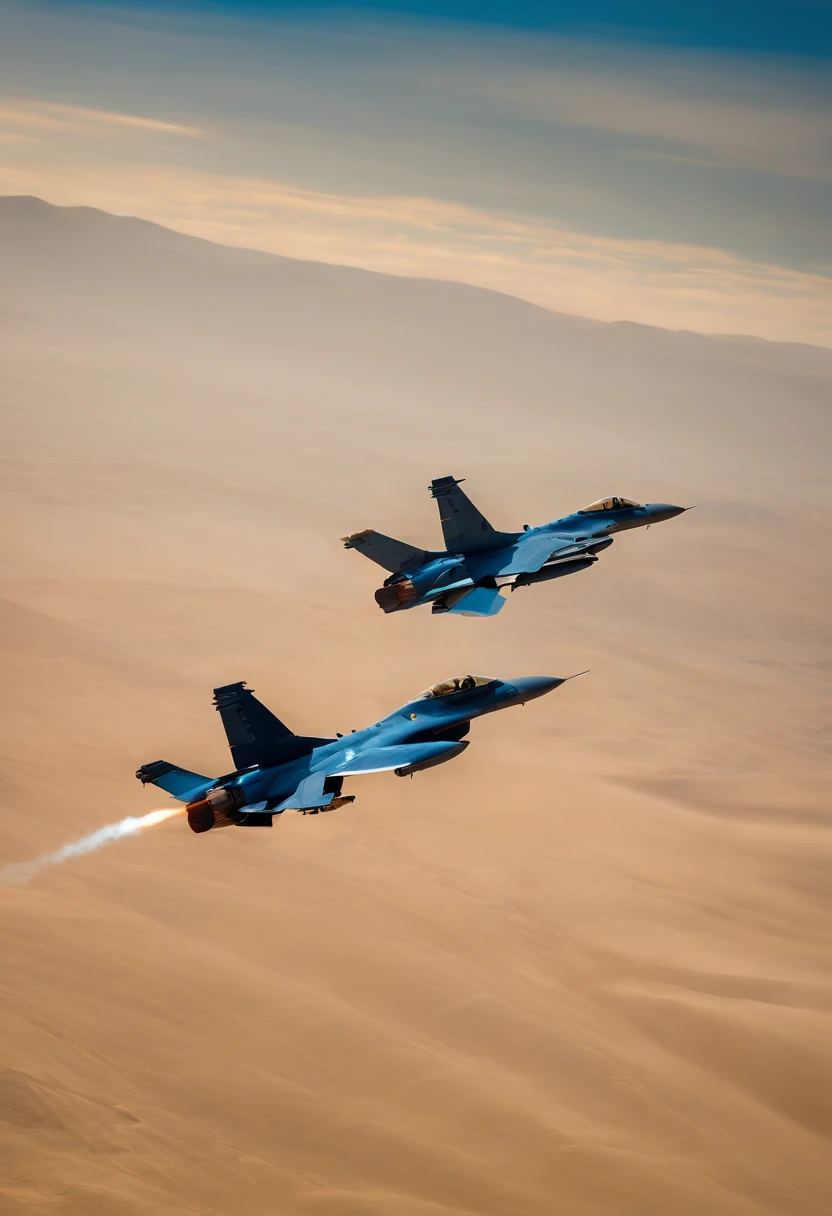 em um ceu azul, no clouds showing the ground ,  vistos de lado em perfil , showing only blue sky without clouds, Two F16 fighters fire machine gun fire on a descent flight , shooting toward the desert ground