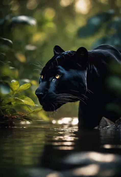 Black Panther, wet fur, heavy rain, on a riverbank, vibrantly colored vegetation in the environment, ultra detailed, intricate artwork, 8Khyper realistic cover photo dazzling in color, lighting night in the background, intricate. definition of blockbuster,...