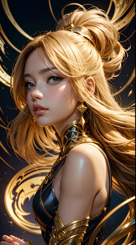 Blonde-haired woman with a golden dress and a watch in the background, Artgerm extremamente detalhado, Artgerm. anime illustration, Artgerm. High detail, retrato Artgerm, Artgerm em ArtStation Pixiv, Modelo IG | Artgerm, arte de anime digital detalhada, Ar...