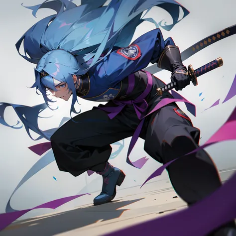 a 19-year-old man with long blue hair, Una diadema ninja, Guantes sin dedos, Botas, una camisa, Una chaqueta y una katana en mi cadera)