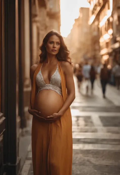 Woman 1.5], centered, pregnant woman standing in the city, wearing summer clothes, facing the camera, day light, luminous, intricate detail, cinematic, award winning photo, cinematic quality, hot colors, perfect shadows, 8K