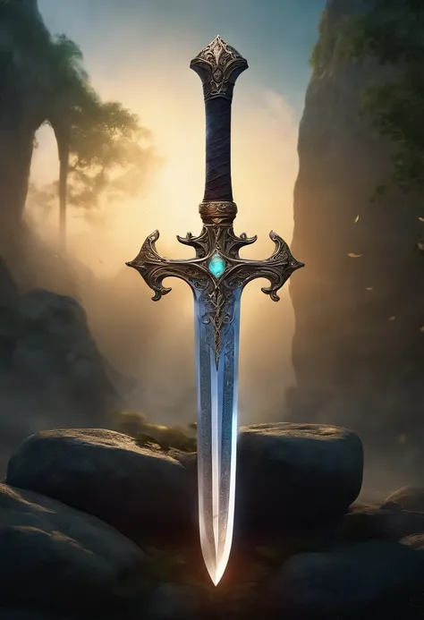 an enchanted sword firmly embedded in a stone, (best quality, 4k, highres, masterpiece:1.2), fantasy artwork, ethereal glow, ancient magic, detailed engraving on the sword, mythical energy surrounding it, mystical atmosphere, vibrant colors, dramatic light...