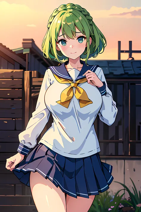 (masterpiece), best quality, expressive eyes, perfect face, 1girl, detailed fingers, sailor school uniform, navy skirt, dynamic pose, shy pose, light green hair, medium hair, dutch-crown braid, detailed hair strands, golden color eyes, droopy eyes, express...