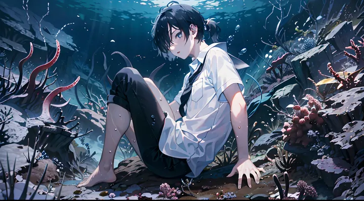 A boy swims at the deep sea, school uniform, short sleeve white shirt, black hair, hair cover one eye, dark blue eyes, ponytail, black pants, barefoot, tall boy, deep sea, little octopus