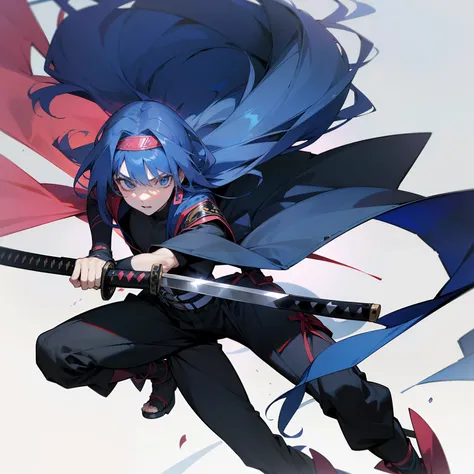 ((4k_maxima calidad_Anime)) a 19-year-old man with long blue hair, Una diadema ninja, guantes sin dedos, Botas, una camisa, Una chaqueta y una katana en su cadera