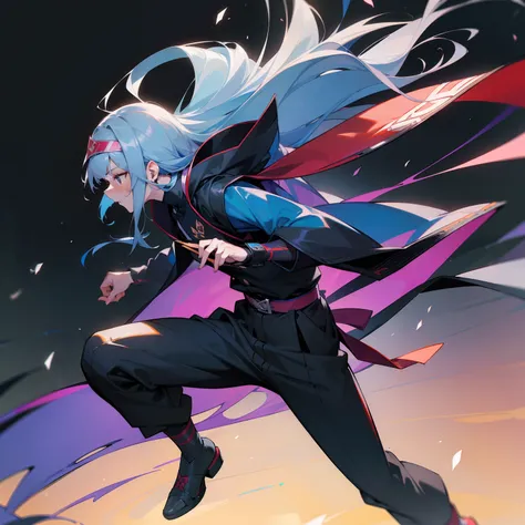 ((4k_maxima calidad_Anime)) a 19-year-old man with long blue hair, Una diadema ninja, guantes sin dedos, Botas, una camisa, Una chaqueta y una katana en su cadera