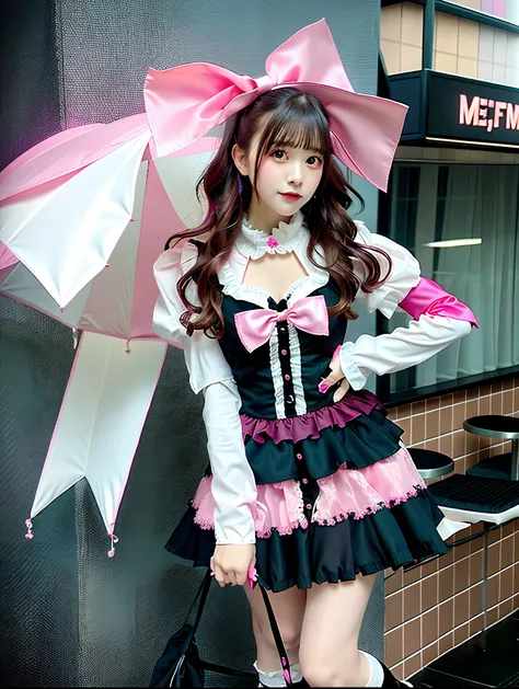 There is a woman wearing a pink and black satin dress and a pink ribbon, Lolita style, Lolita Fashion, style of magical girl, frilly outfit, angelic pretty, Belle Delphine, maid clothes, portrait of the magical Lolita girl, kawaii decora rainbowcore, Kawai...