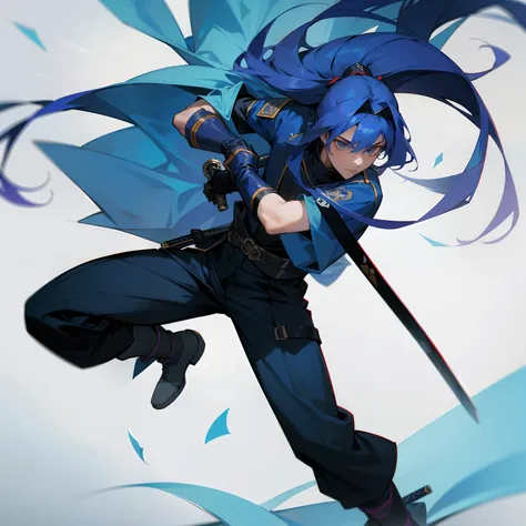 a 19-year-old man with long blue hair, Una diadema ninja, Guantes sin dedos, Botas, una camisa, Una chaqueta y una katana en mi cadera)