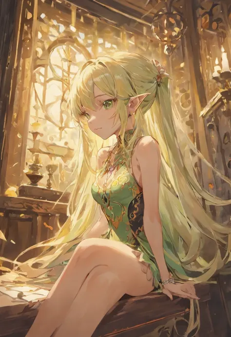 portrait of a hourglass shaped elf with (long white hair behind ear, straight bangs), (necklace, earrings), (glowing eyes, green eyes), (seductive smile:1.3), eye contact, (black embroidered lingerie), cleavage, close to a window, sitting on a chair crosse...