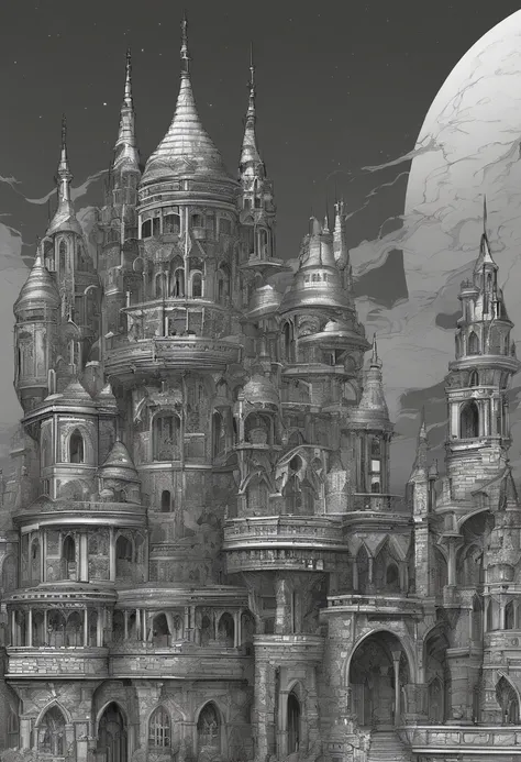 alien age, curvy buildings, translucent metal for building shapes, castle, aerial view, night scenery, fantasy art, art by Clemilton Barbosa, intricate details, 16k