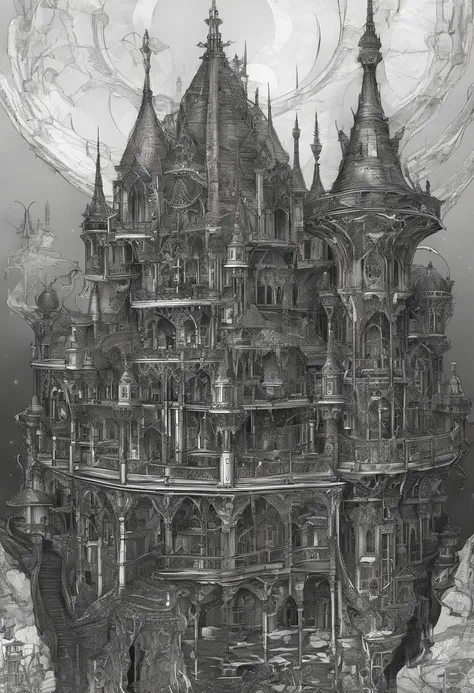 alien age, curvy buildings, translucent metal for building shapes, castle, aerial view, night scenery, fantasy art, art by Clemilton Barbosa, intricate details, 16k