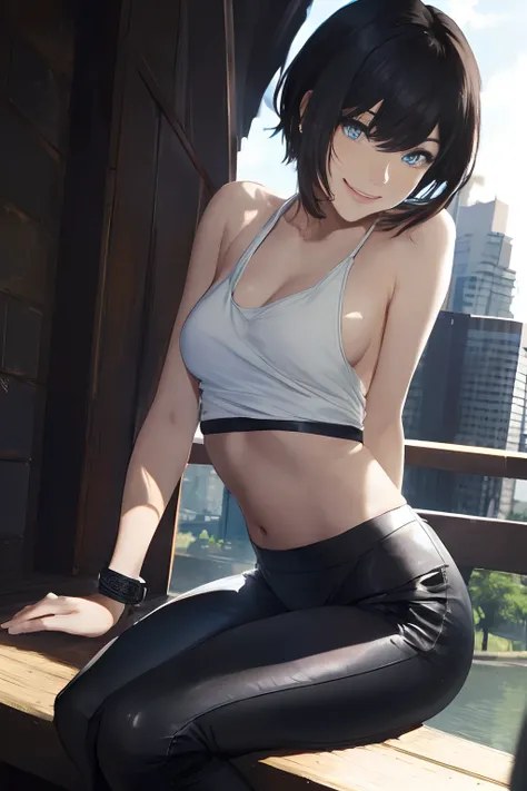 masutepiece, Best Quality, Ultra-detailed),(1girl in), Blue eyes, Short hair, brunette, Dynamic Angle, Dynamic Pose, Natural lighting, floating, (Color Top:1.2|Black top), (Tight skirt:1.2|Leather pants:0.9), (Silver bracelet:1.2|Watch), (Natural backgroun...