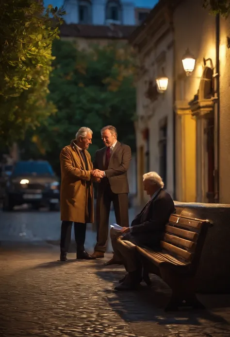 Two men shaking hands in front of a bench, Closing deal, intense expression, olhos determinados, terno enrugado, Money notes falling from the sky, dinheiro, realismo, (melhor qualidade, Altas, ultra-detalhado), (Realistic:1.37), profissional, vivid colors