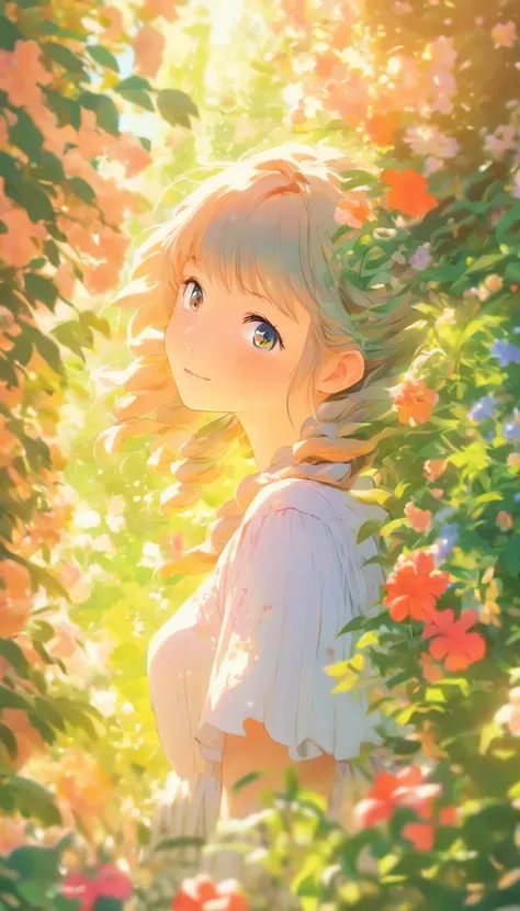 A girl in a garden,illustration,[lush foliage, vibrant flowers],(best quality,4k,8k,highres,masterpiece:1.2),ultra-detailed,realistic,portrait,soft pastel colors,natural sunlight