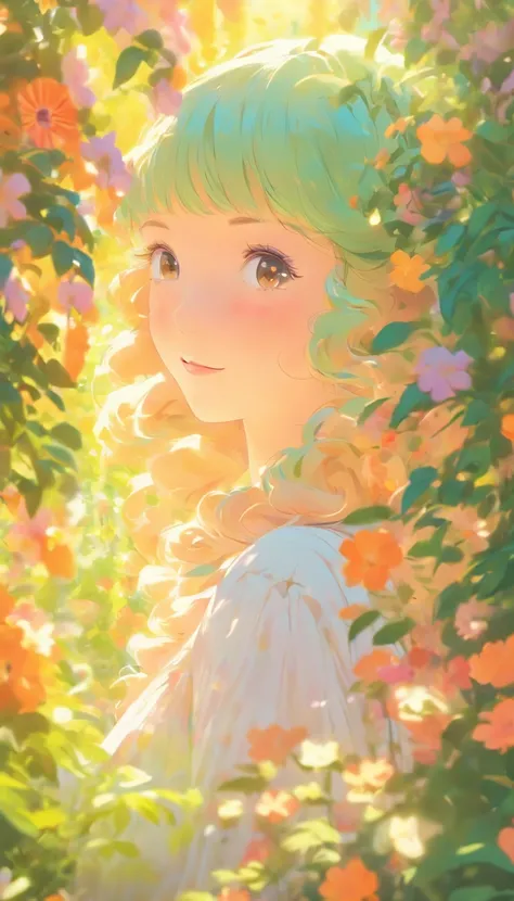 A girl in a garden,illustration,[lush foliage, vibrant flowers],(best quality,4k,8k,highres,masterpiece:1.2),ultra-detailed,realistic,portrait,soft pastel colors,natural sunlight