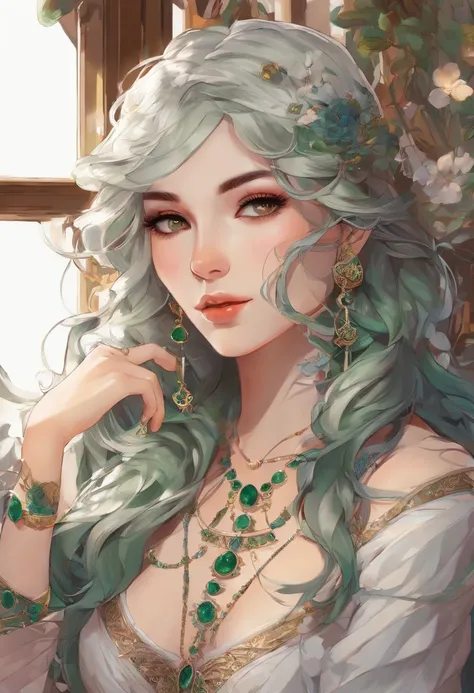 portrait of a hourglass shaped elf with (long white hair behind ear, straight bangs), (necklace, earrings), (glowing eyes, green eyes), (seductive smile:1.3), eye contact, (black embroidered lingerie), cleavage, close to a window, sitting on a chair crosse...