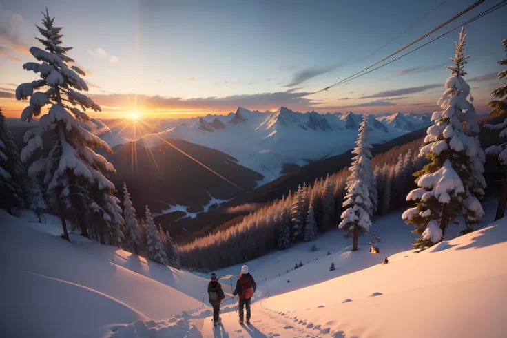 People in a chairlift in a snowy montain, sky resort, panoramic view, sunset, forest on the distance. Highly detailed, photorealistic.