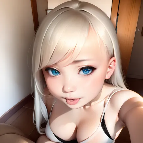 realisticlying、girl with、white  shirt:1.2，Face enhancement，Chest super large zoom，Cleavage emphasis，Looking up from the bottom，white  hair:1.2，Blue eyes，darkens the skin、Blushing，Red lips，A sexy，Bed sit，stick out your tongue and open your mouth wide:1.3、Ba...