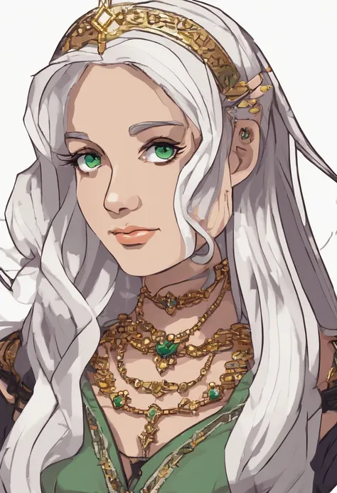 portrait of a hourglass shaped elf with (long white hair behind ear, straight bangs), (necklace, earrings), (glowing eyes, green eyes), (seductive smile:1.3), eye contact, (black embroidered lingerie), cleavage, close to a window, sitting on a chair crosse...