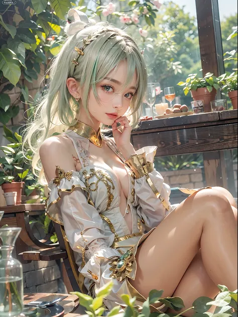 masterpiece, best quality,ultra-detailed,hyper details, cinematic light,, 1girl, solo, sit, outdoor, summerhouse, sitting in the summerhouse,  plants, table, Summer 2023 collection award winning artwork, chandelier, candle, wind, green eyes, pan-green silv...