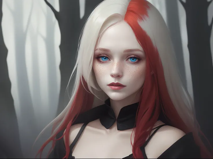 digital painting, of an albino woman, with her extremely pale white skin, with red hair, with her right eye blue and her left eye red, this woman being freckled on her face, the woman wears a black tunic, in a foggy forest the night.