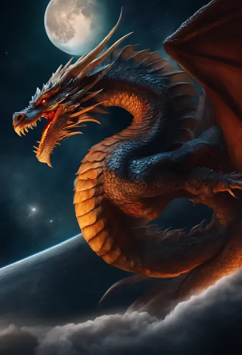 (high-quality,realistic)Dragon,tattoo style, flying in space,fullmoon.