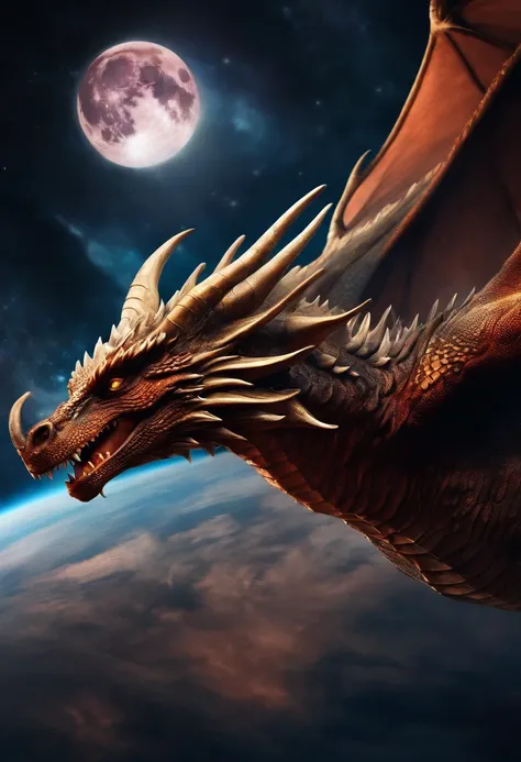 (high-quality,realistic)Dragon,tattoo style, flying in space,fullmoon.