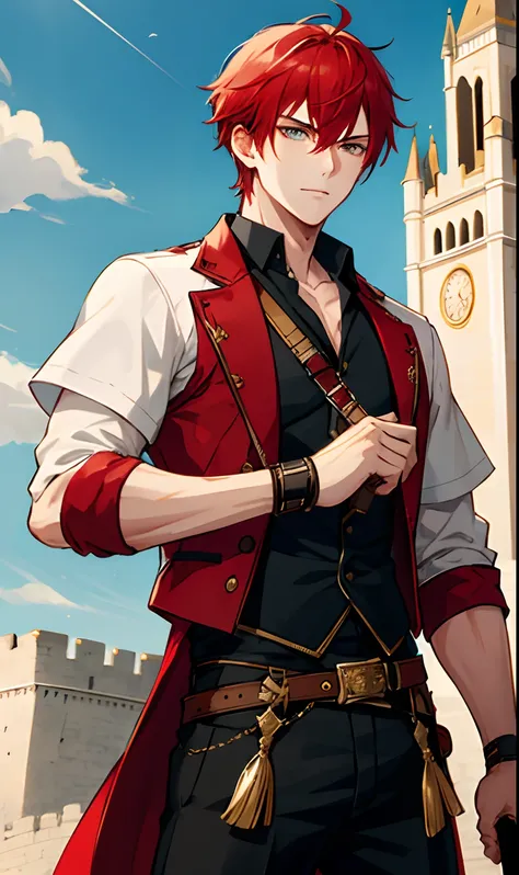 top-quality，One Boy，male people，shorth hair，Red hair，Golden eyes，manly face，Knightly style clothing，holds a sword，Castles