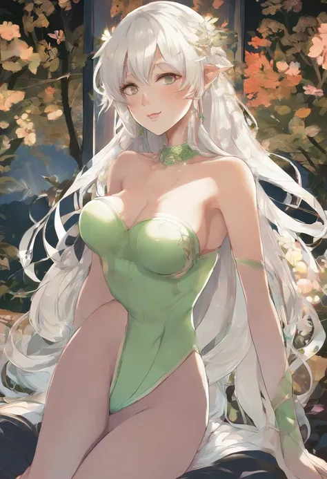 portrait of a hourglass shaped elf with (long white hair behind ear, straight bangs), (necklace, earrings), (glowing eyes, green eyes), (seductive smile:1.3), eye contact, (black embroidered lingerie), cleavage, close to a window, sitting on a chair crosse...