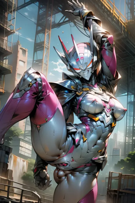 （masterpiece、8K、Ultra-delicate、hight resolution），(((Female Ultraman)))，(((No muscles，large Boob)))，(her head is tapering,The body is made of red and silver，pink armor,The arms present a streamlined design，On the chest there is a round calculator，Looks tall...