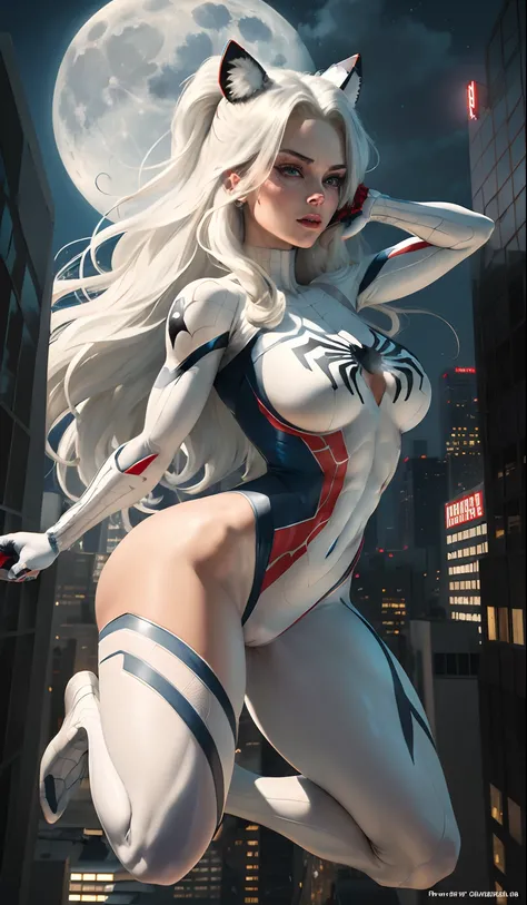 (Masterpiece, 4k resolution, ultra-realistic, very detailed), (White superhero theme, charismatic, theres a girl on top of town, wearing Spider-Man costume, shes a superhero), [ ((25 years), (long white hair:1.2), full body, (blue eyes:1.2), ((Spider-Man p...