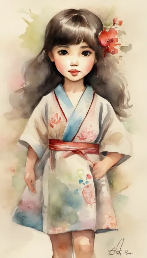 "Create a cute cartoon style drawing, A 7-year-old Japanese girl smiling slightly, Similar to Blythe dolls. She wears a kimono, The brunette is styled as Bob, Dark eyes, Cute little nose, and slender figure. The girl stood facing forward，Hang your hands at...