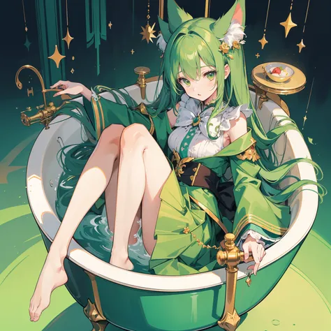 (Mouthpiece, top quality, illustration, very high quality, very delicate writing),Full body, magical girl with long hair soaking in cat foot tub, green robe, machine based cat foot tub, lively, no background, one person, green skirt