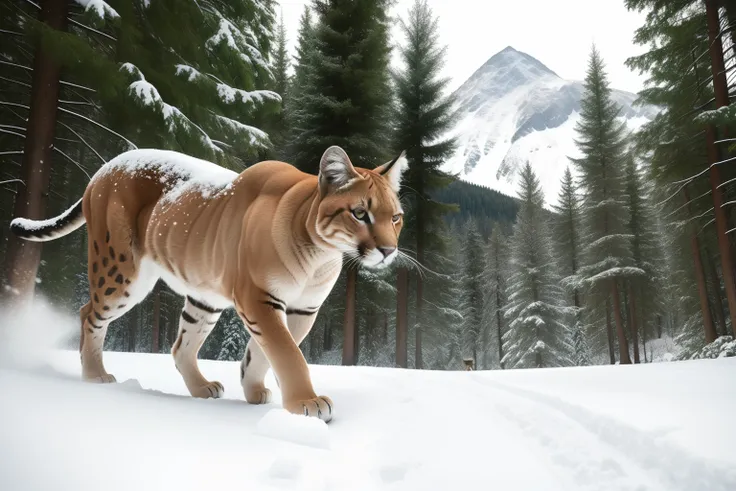 Close up of A puma slowly walking on s snowy montain, in middle of a forest, trees and bushes with snow, low point of view, great angular, highly detailed. Photorealistic.