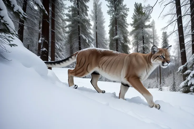 Close up of A puma slowly walking on s snowy montain, in middle of a forest, trees and bushes with snow, low point of view, great angular, highly detailed. Photorealistic.