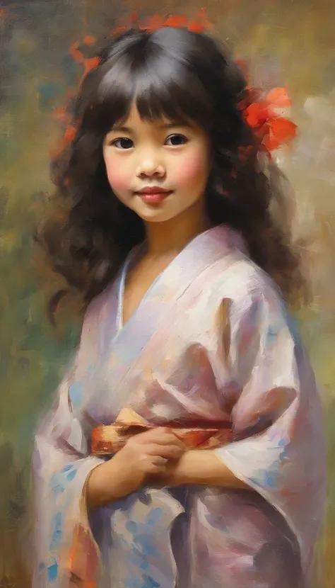 "Create a cute cartoon style drawing, A 7-year-old Japanese girl smiling slightly, Similar to Blythe dolls. She wears a kimono, The brunette is styled as Bob, Dark eyes, Cute little nose, and slender figure. The girl stood facing forward，Hang your hands at...