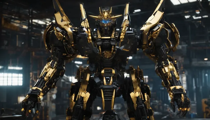 a giant mecha inspired from the Devil Gundam in a hangar, black and gold, from below, (16k,masterpiece:1.3)