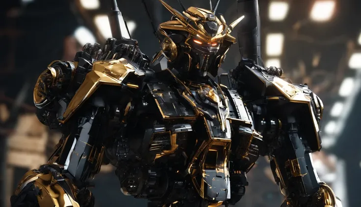 a giant mecha inspired from the Devil Gundam in a hangar, black and gold, from below, (16k,masterpiece:1.3)