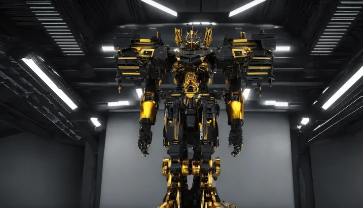 a giant black and gold mecha inspired from gundam in a hangar, from below, (16k,masterpiece:1.3)