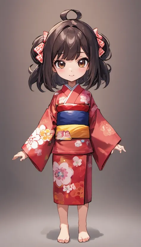 "Create a cute cartoon style drawing, A 7-year-old Japanese girl smiling slightly, Similar to Blythe dolls. She wears a kimono, The brunette is styled as Bob, Dark eyes, Cute little nose, and slender figure. The girl stood facing forward，Hang your hands at...