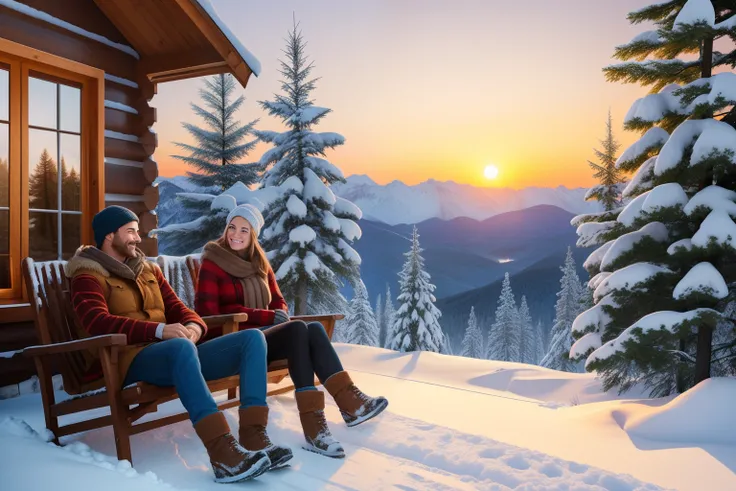 Cool couple just chilling sitting in the porch of a wood cabin in a snowy mountain, colourful winter clothing, smiling, sunset, bushes and trees with snow, highly detailed. Photorealistic.