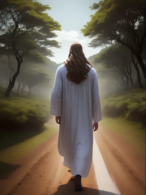 Um homem, andando em uma estrada de terra cercada pela natureza, espinhos, cabelos longo e soltos, este homem esta de costas ,representa ser Jesus