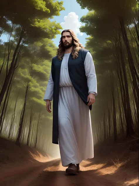 Um homem, andando em uma estrada de terra cercada pela natureza, espinhos, cabelos longo e soltos, este homem esta de costas ,representa ser Jesus