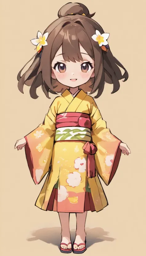 "Create a cute cartoon style drawing, A 7-year-old Japanese girl smiling slightly, Similar to Blythe dolls. She wears a kimono, The brunette is styled as Bob, Dark eyes, Cute little nose, and slender figure. The girl stood facing forward，Hang your hands at...