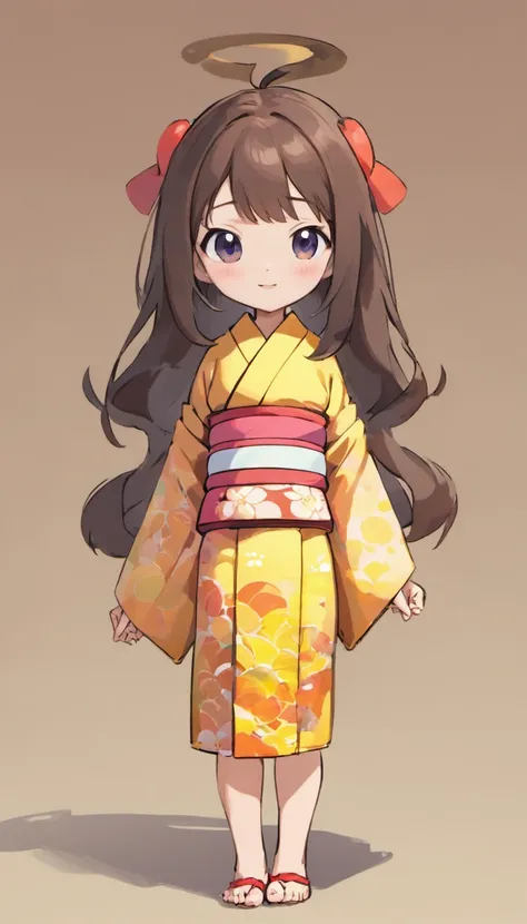 "Create a cute cartoon style drawing, A 7-year-old Japanese girl smiling slightly, Similar to Blythe dolls. She wears a kimono, The brunette is styled as Bob, Dark eyes, Cute little nose, and slender figure. The girl stood facing forward，Hang your hands at...