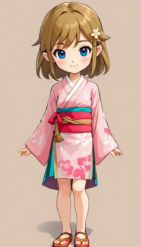 "Create a cute cartoon style drawing, A 7-year-old Japanese girl smiling slightly, Similar to Blythe dolls. She wears a kimono, The brunette is styled as Bob, Dark eyes, Cute little nose, and slender figure. The girl stood facing forward，Hang your hands at...