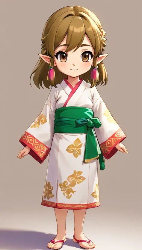 "Create a cute cartoon style drawing, A 7-year-old Japanese girl smiling slightly, Similar to Blythe dolls. She wears a kimono, The brunette is styled as Bob, Dark eyes, Cute little nose, and slender figure. The girl stood facing forward，Hang your hands at...