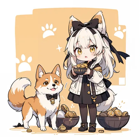 Standing Picture、full bodyesbian、cute little、​masterpiece、top-quality、Top image quality、white  hair、bow ribbon、black ribbon on the head、(black pantyhose)，fox ears，Beggar, a bowl with gold coins，with a yellow pet dog，Shiba Inu